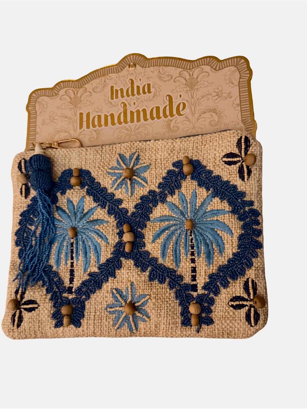 Beige & Blue Embroidered Palm Wristlet